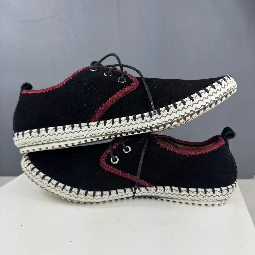 Fashion Casual Shoes Mens 10 Black Suede Burgundy Trim Whipstitch Lace Up Flats